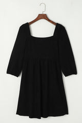 Black Suede Square Neck Puff Sleeve Dress