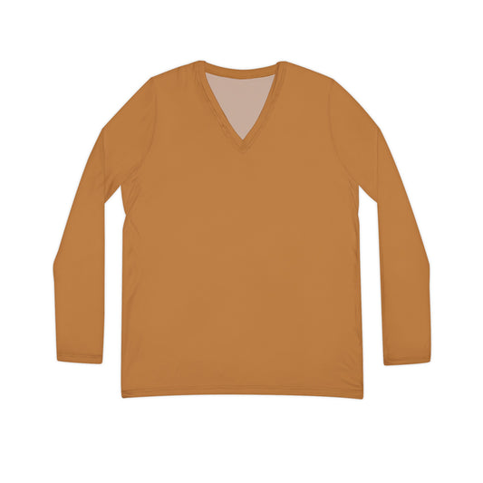 Women's Long Sleeve Tan V-neck Shirt (AOP)