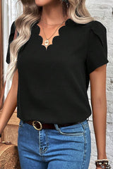 Black Scalloped V Neckline Petal Sleeve Top