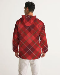 Mens Hooded Windbreaker - Red Tartan Plaid Water Resistant Jacket