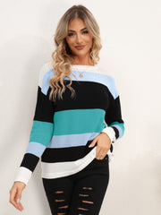 Striped Round Neck Dropped Shoulder Sweater