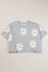 Gray Daisy Flower Printed Casual T Shirt