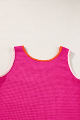 Rose Red Color Block Patched Pocket Breathable Knit Tank Top