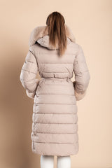 Long padded winter jacket with faux fur, beige