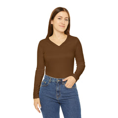 Women's Long Sleeve Brown V-neck Shirt (AOP)