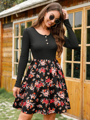 Floral Buttoned Long Sleeve Dress