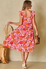 Pink Floral Square Neck Ruffled Flutter Sleeve Tiered Midi Dress