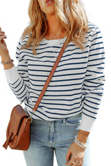 Striped Print Ribbed Trim Long Sleeve Top