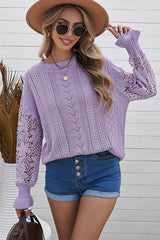 Openwork Lantern Sleeve Dropped Shoulder Sweater