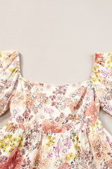 Khaki Floral Short Sleeve Square Neck Mini Dress