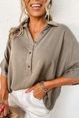 Simply Taupe Collared Half Buttons Folded Short Sleeve Oversize Top