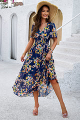 Devine Smocked Floral V-Neck Short Sleeve Dress