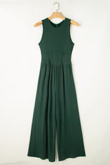 Blackish Green Cinched Waist Sleeveless Wide Leg Jumpsuit