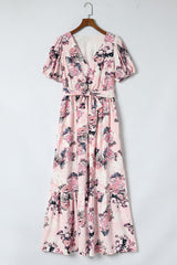 Pink Floral Puff Sleeve High Waist Maxi Dress