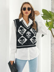 Skull Contrast V-Neck Sweater Vest