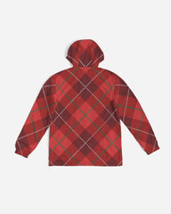 Mens Hooded Windbreaker - Red Tartan Plaid Water Resistant Jacket