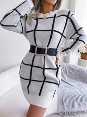 Plaid Round Neck Dropped Shoulder Sweater Dress