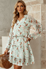 Floral Frill Trim Puff Sleeve Notched Neck Dress