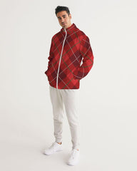 Mens Hooded Windbreaker - Red Tartan Plaid Water Resistant Jacket