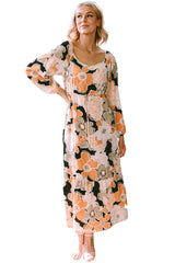 Tie Waist Puff Sleeve Bold Floral Maxi Dress