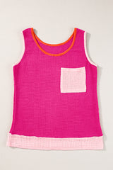 Rose Red Color Block Patched Pocket Breathable Knit Tank Top