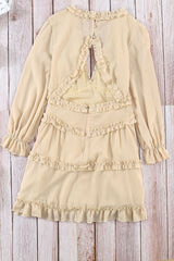 Beige V Neck Ruffle Detailing Open Back Dress