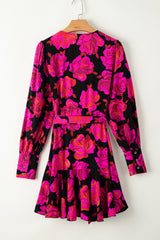 Rose Floral Print V Neck Wrap Bishop Sleeve Ruffle Tiered Mini Dress