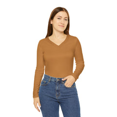 Women's Long Sleeve Tan V-neck Shirt (AOP)