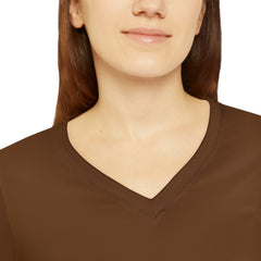 Women's Long Sleeve Brown V-neck Shirt (AOP)