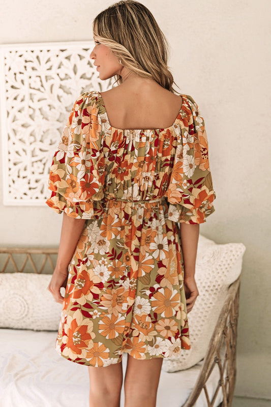 Floral Square Neck Mini Dress