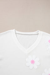 White Flower Applique Texture Knitted V Neck Top