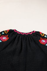 Black Floral Embroidered Ricrac Puff Sleeve Textured Blouse