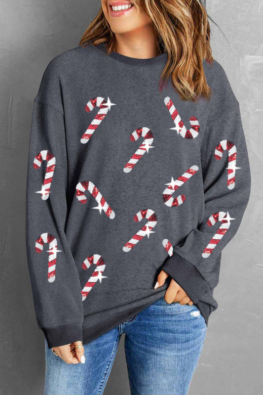 Sequin Candy Cane Round Neck Sweatshirt