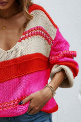 Color Block V-Neck Dropped Shoulder Sweater