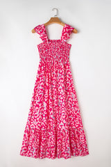 Pink Leopard Ruffle Straps Smocked High Waist Long Dress