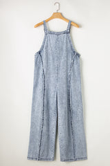 Beau Blue Light Wash Frayed Exposed Seam Wide Leg Denim Overall