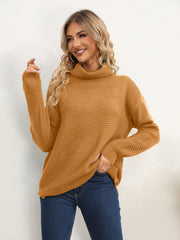 Slit Turtleneck Dropped Shoulder Sweater