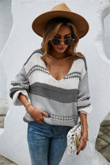 Color Block V-Neck Dropped Shoulder Sweater