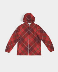 Mens Hooded Windbreaker - Red Tartan Plaid Water Resistant Jacket