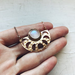 Moon Goddess Necklace - Moon Phases Rainbow Moonstone Pendant