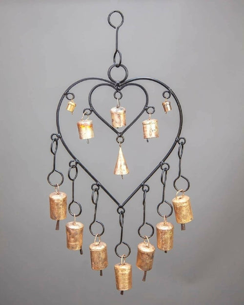 Double Heart Chime hanging brass bells for wall decor