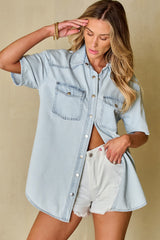 Mist Blue Vintage Light Wash Flap Pockets Rounded Hem Shirt