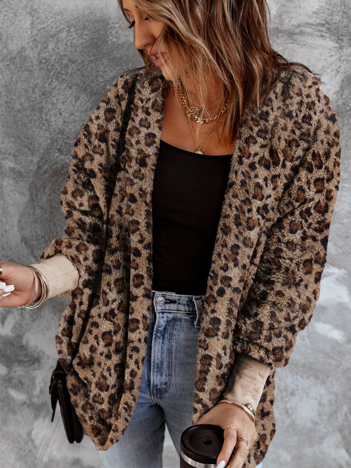 Leopard Open Front Hooded Jacket