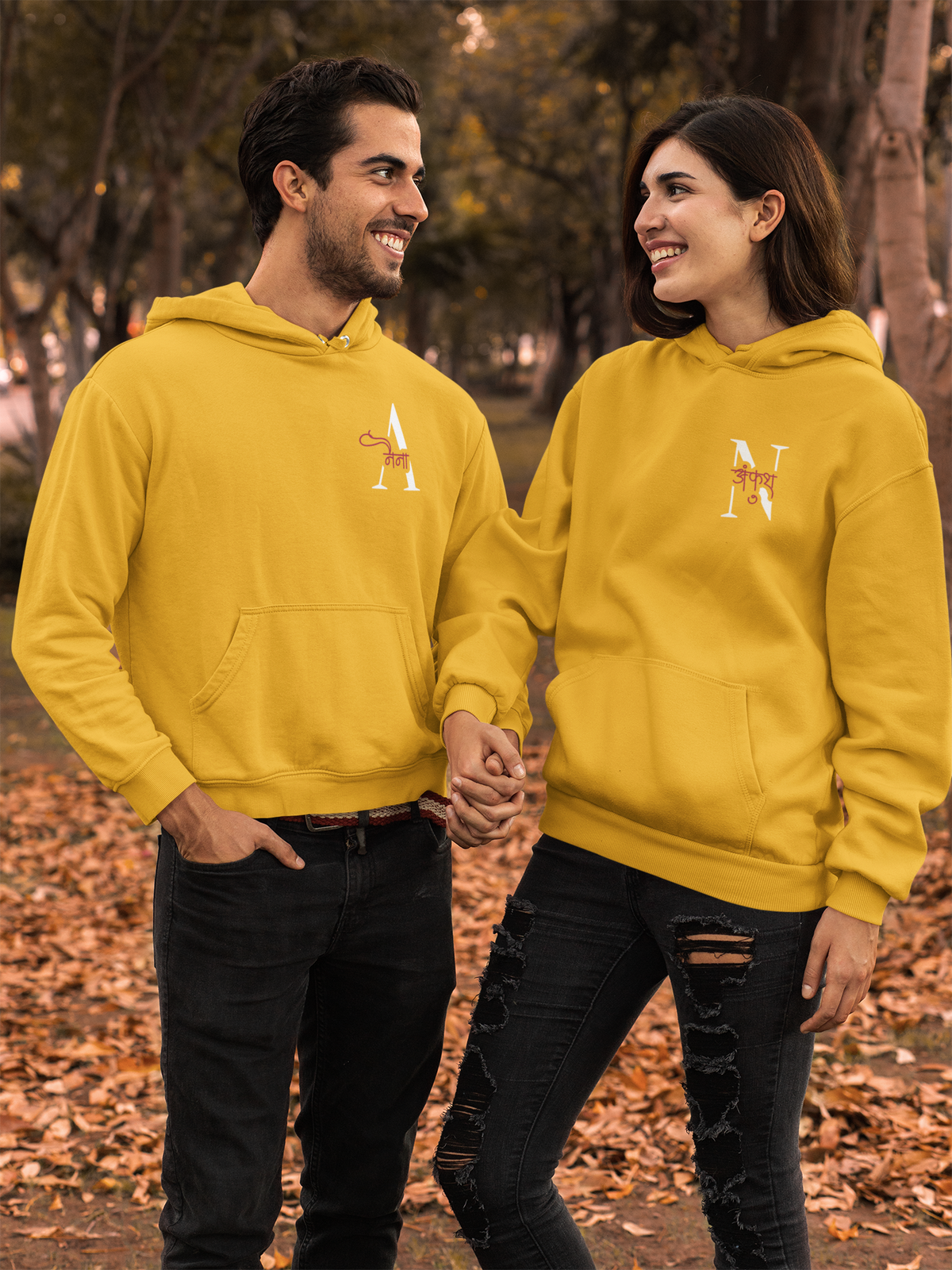 Personalize Hindi Name Couple Printed on Hoodie| w/ Sleeves Anniversary Date| Couples Gift, Anniversary Gift, Valentine's Day Gift Couple