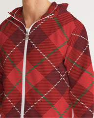 Mens Hooded Windbreaker - Red Tartan Plaid Water Resistant Jacket