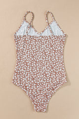 Chestnut Floral Print Spaghetti Strap V Neck Bodysuit