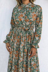 Green Pleated Long Sleeve Maxi Floral Dress with Tie