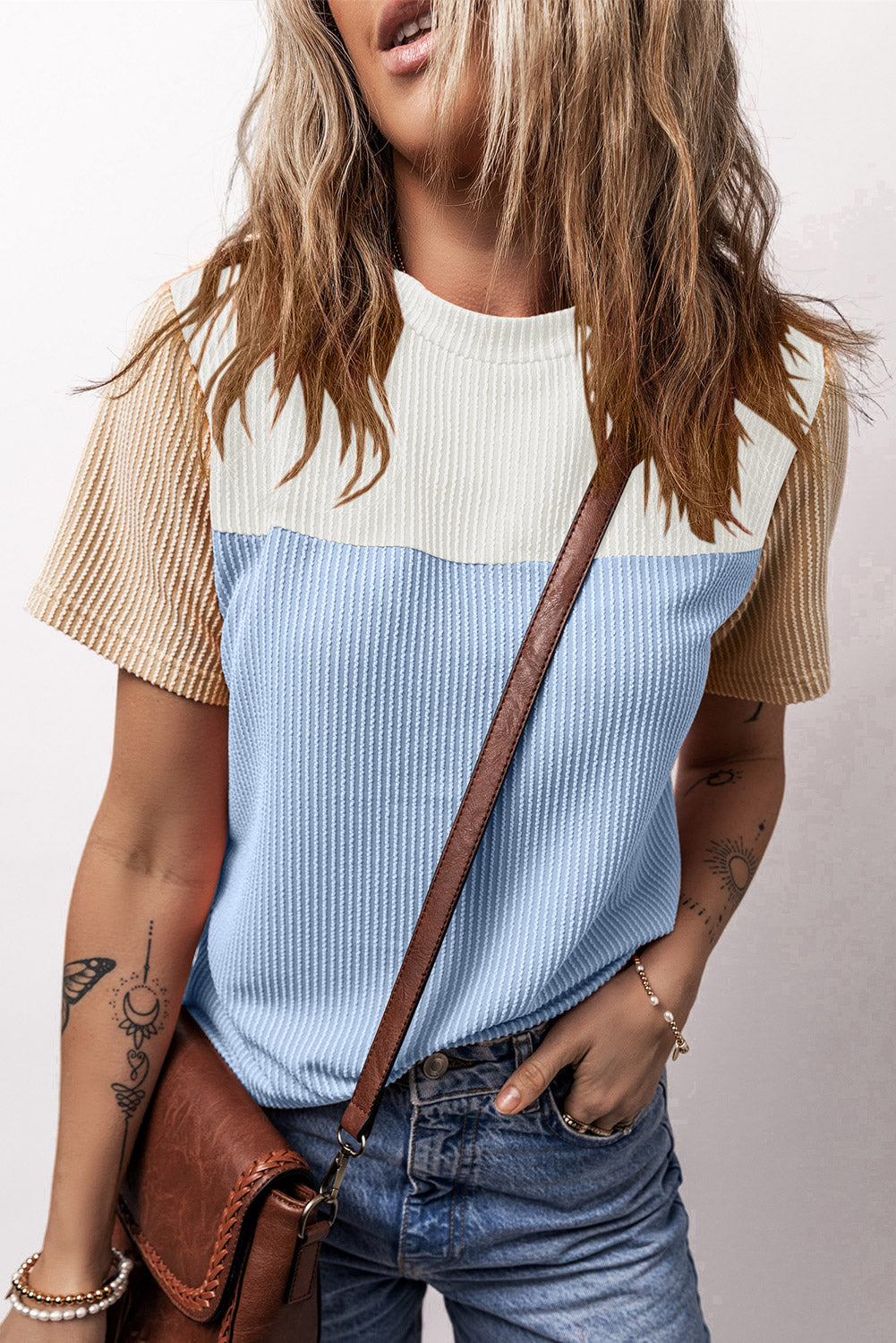 Light Blue Rib Textured Colorblock T Shirt