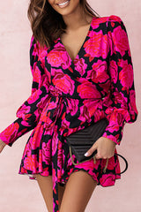 Rose Floral Print V Neck Wrap Bishop Sleeve Ruffle Tiered Mini Dress