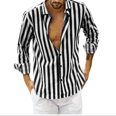 2023 New Men's Shirt Long Sleeved Lapel Striped Shirts Loose Fitting